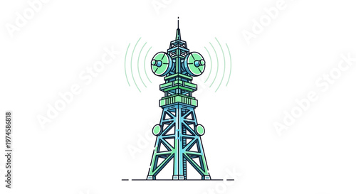 Modern stylized telecommunication tower emitting signals against a white background
