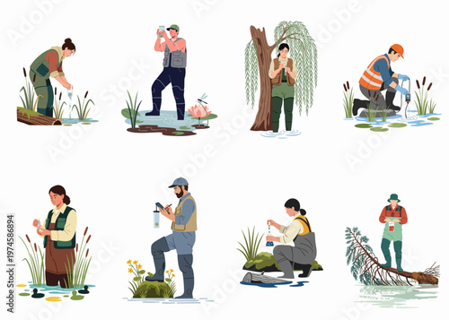 Set of flat vector illustrations featuring environmental scientists and ecologists conducting field research and collecting water samples in various wetland ecosystems.
