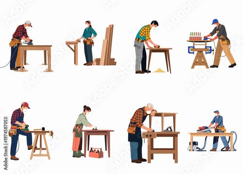 Flat illustration set of various professional carpenters and woodworkers sanding, planing, and crafting wooden furniture in their workshop, isolated on white background.