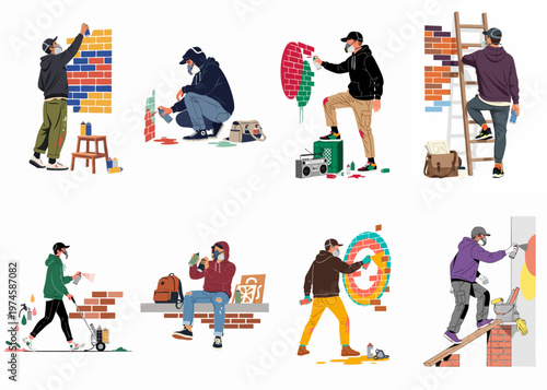 Collection of graffiti artists and street artists spraying colorful murals on brick walls, flat vector illustration set isolated on white background.