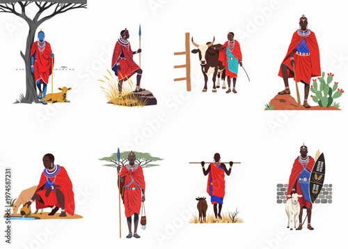Set of eight flat vector illustrations depicting Maasai people in traditional clothing, livestock, and savanna landscape elements on a clean white background.