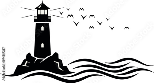 A clean black and white lighthouse vector illustration featuring stylized waves and a flock of seagulls. Perfect for nautical and maritime branding.