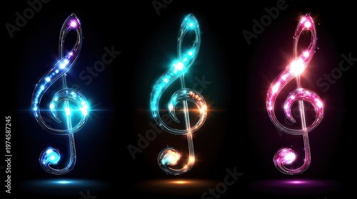 Three glowing musical treble clefs, with colored light flares, isolated on black backdrop