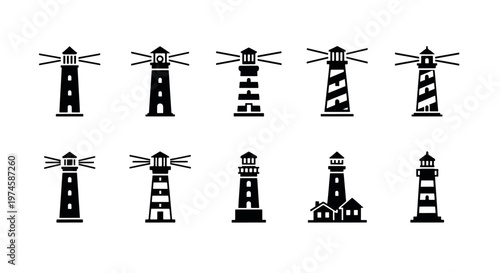 Set of 10 flat black lighthouse icons representing safety and guidance. Ideal for nautical projects, maritime navigation themes, and coastal-inspired graphic designs.