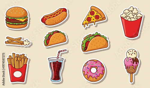 Cartoon Fast Food Stickers Collection – Burger, Pizza, Taco and Popcorn Vector Icons