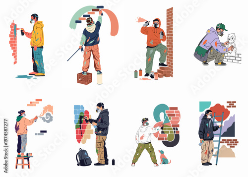 Collection of diverse street artists and graffiti creators wearing masks and using spray cans to paint colorful murals on brick walls, flat vector illustration.