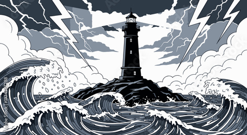A powerful black and white illustration of a lighthouse standing firm against a fierce lightning storm and crashing ocean waves, symbolizing resilience and strength.