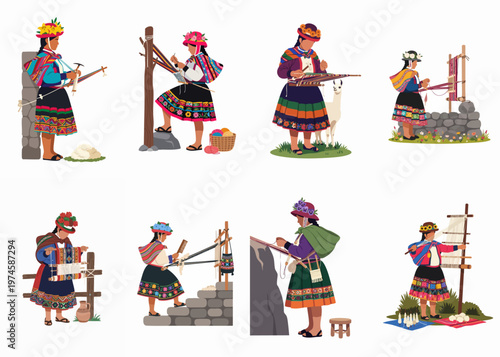 Flat vector illustration set of Andean women in traditional Peruvian clothing weaving colorful textiles using various manual looms and spinning techniques.
