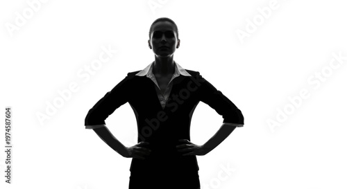 Silhouette of a confident businesswoman with hands on hips, standing against a white background.