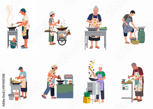 Vector Illustration Set of Diverse People Cooking Asian Street Food in Woks, Wearing Floral Aprons, Isolated on White Background