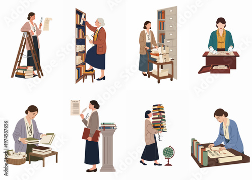 Flat vector illustration collection of female archivists and librarians organizing historical documents, maps, and ancient books in a museum or library setting.