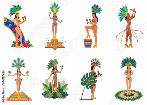 Collection of diverse Brazilian carnival dancers wearing colorful costumes with peacock feathers and holding maracas.