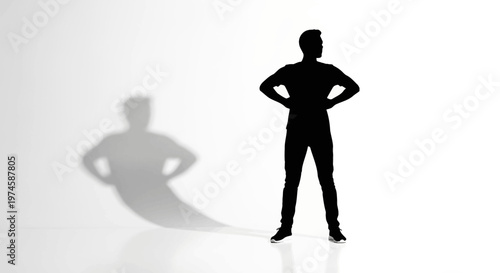 Silhouette of a confident man with a superhero shadow, standing strong with hands on hips