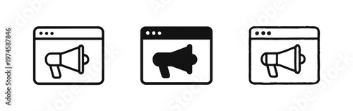 Website advertising and marketing campaign icon set. Online promotion and digital announcement symbols.