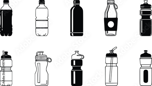 Black and white illustrations of various plastic water bottles with different shapes and caps displayed on a clean white background