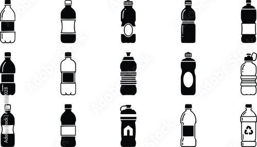 Various plastic water bottle designs and styles illustrated in black and white with different shapes and labels for drink packaging