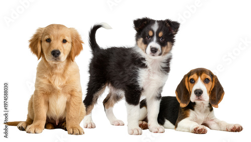 Canvas-taulu Three adorable puppies a golden retriever a border collie and a beagle, isolated