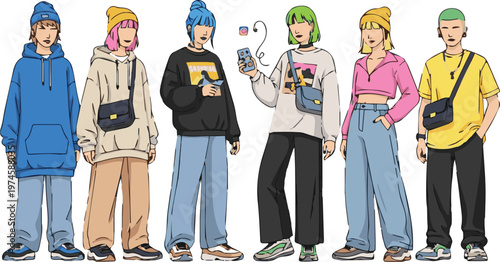 Six people wearing casual clothes stand together in a line outdoors