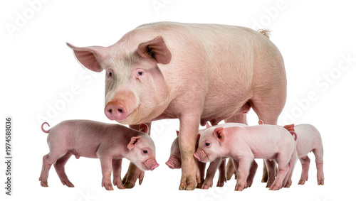 Pink mother pig standing with four piglets, isolated on transparent background