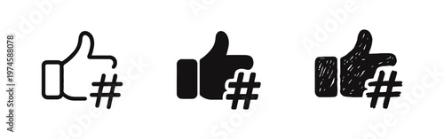 Social media like and hashtag icon set. Content popularity and trending topic symbols.
