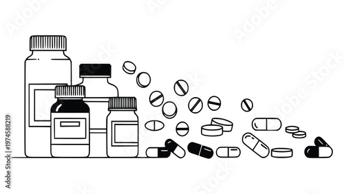 Black and white illustration of medicine bottles and spilling pills