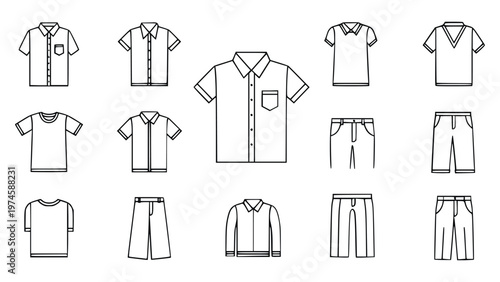 Collection of various shirt and pant line drawings for fashion design