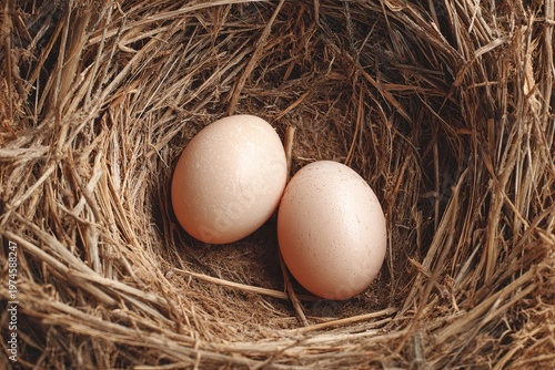 Fresh Farm Eggs in Bird Nest Top View Rustic Organic Agriculture Concept