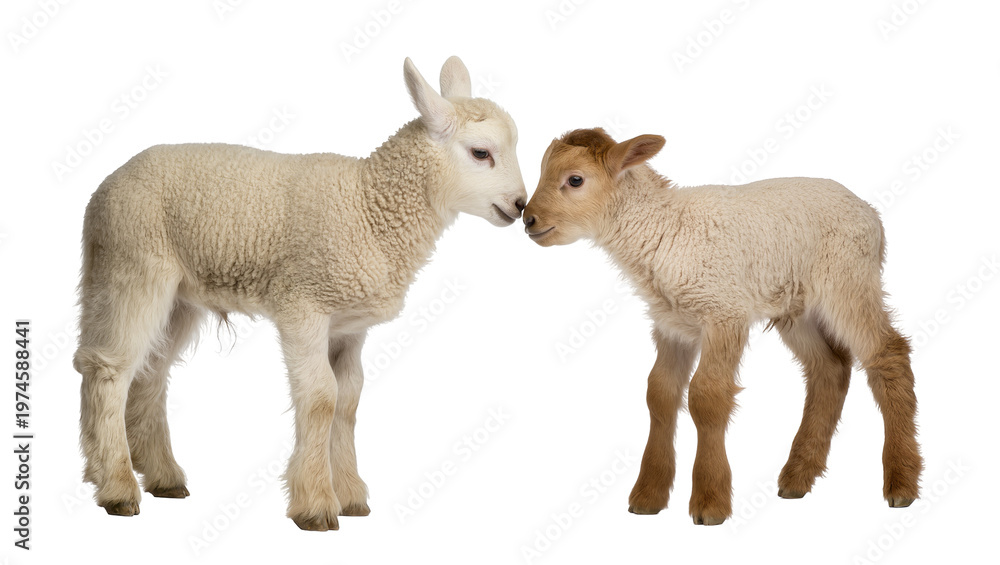 Fototapeta premium Two young lambs touching noses, isolated on transparent background