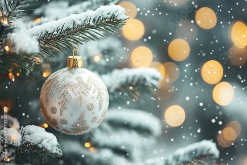 Elegant Silver Bauble Hanging from Snow-Dusted Christmas Tree with Warm Bokeh Lights