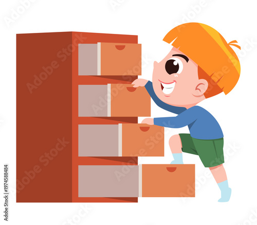 Naughty Kid Climbing Drawer Cabinet Cartoon Illustration