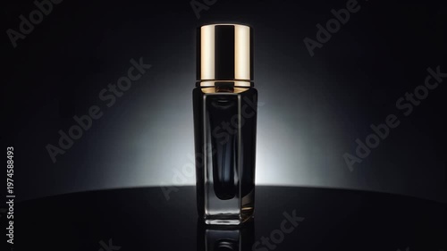 Luxury black perfume bottle with gold cap.