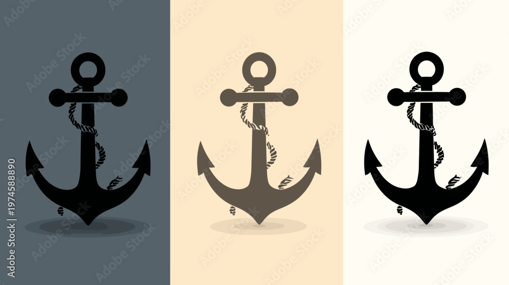 Naklejka premium Set of three black anchor illustrations with rope on different background colors, marine nautical symbol vector design.