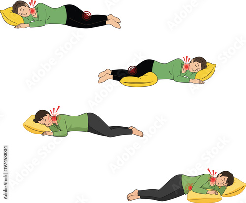Woman suffering from neck and back pain while sleeping in wrong positions character collection for orthopedic health