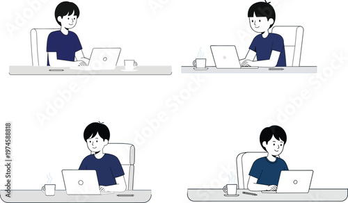 Young male freelancer working on laptop at desk with coffee cup character collection for remote work home office