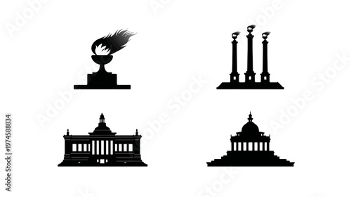 Collection of black silhouettes featuring classical architectural monuments, government-style buildings with domes, and flaming torches on white.