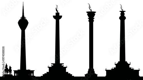 Architectural silhouettes of historical monuments, obelisks, and a tall modern spire tower, vector graphic design element.