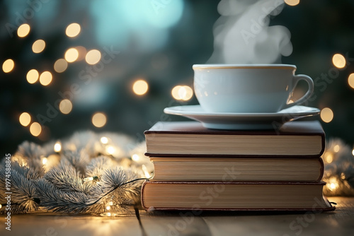 Cozy Winter Still Life with Steaming Coffee Mug, Stack of Books, and Knitted Blanket on Christmas Bokeh Background