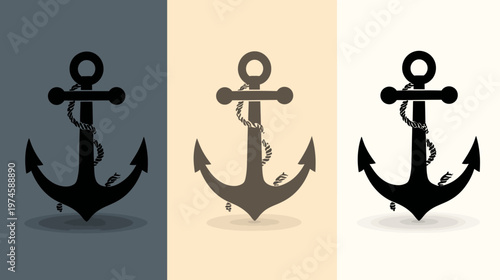 Set of three black anchor illustrations with rope on different background colors, marine nautical symbol vector design.