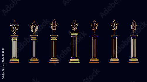 Set of Elegant Golden Outline Decorative Pillars and Ornate Columns Vector Illustration. Luxurious Architectural Design Elements.