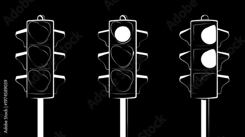Abstract Black and White Traffic Light Sequence Illustrating Stop and Caution Signals for Road Regulation and Safety