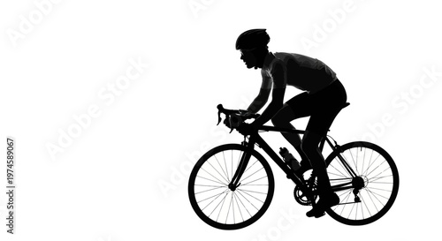 Silhouette of a cyclist in motion on a road bike, wearing a helmet, on a white background