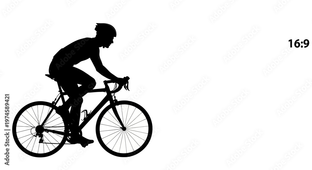 Fototapeta premium Silhouette of a cyclist on a road bike, dynamic movement, white background, 16:9 aspect ratio
