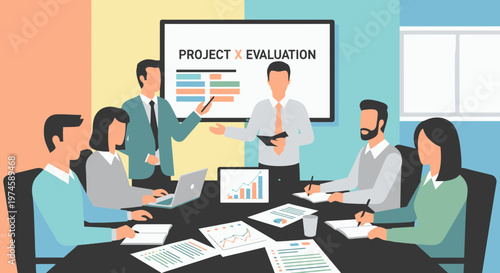 Flat Minimal Illustration of Office Project Evaluation and Planning Session