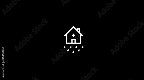 Black and white icon of a house with a medical cross and rain, representing home health care, protection, and well-being.