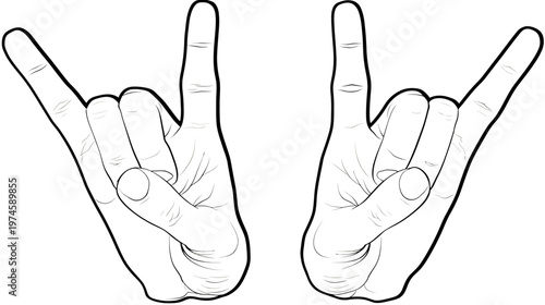 Two Hands Making Rock and Roll Hand Gesture Vector Outline Illustration, Heavy Metal Sign Icon, Music Culture Symbol