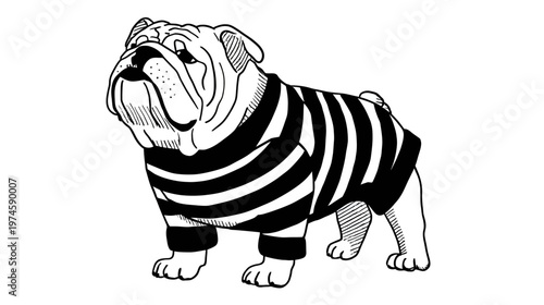 Stylized black and white illustration of a sturdy bulldog wearing a classic striped shirt, proud pet dog character art.