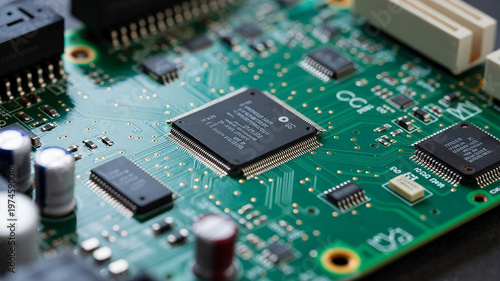 Detailed close-up of a black central processing unit chip on a green printed circuit board with surface-mounted components