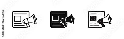 News and announcement document icon set. Advertising and public communication symbols.