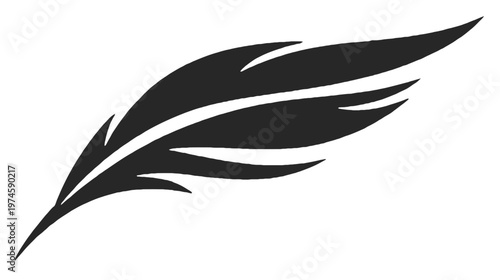 Elegant stylized black feather graphic design element. Artistic plume icon for creativity, writing, and lightness, isolated vector illustration.