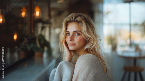 Beautiful Young Blonde Woman Posing in a Cozy Cafe with Soft Warm Lighting